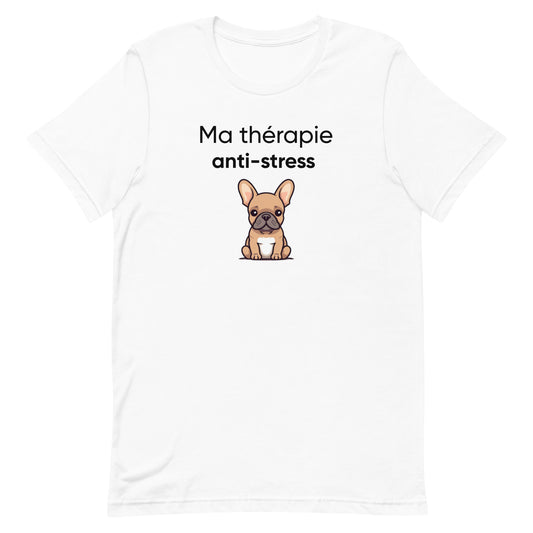 T-shirt blanc pour femme avec illustration de bouledogue français et texte "Thérapie Anti-Stress", parfait pour un look détendu et humoristique.
