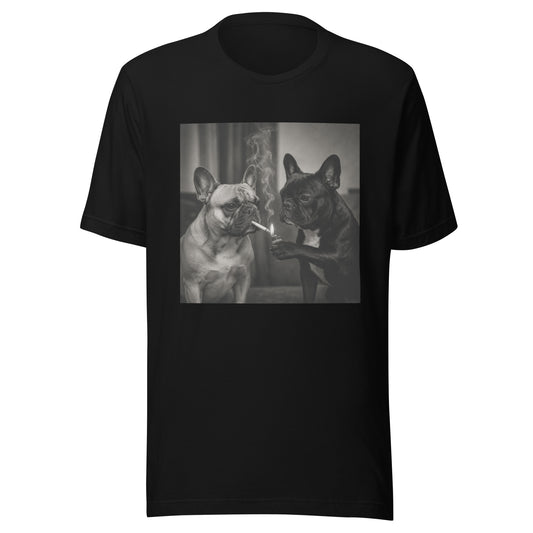 T-shirt noir bouledogue français, deux Frenchies en costume en photo noir et blanc vintage