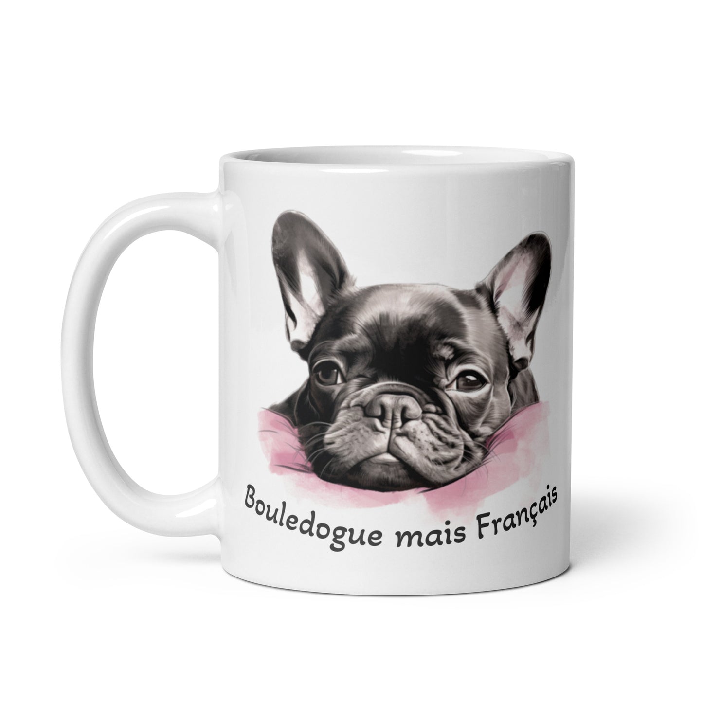 Mug en céramique blanche avec illustration d'un bouledogue français et texte "Bouledogue mais Français", parfait pour les amoureux des chiens