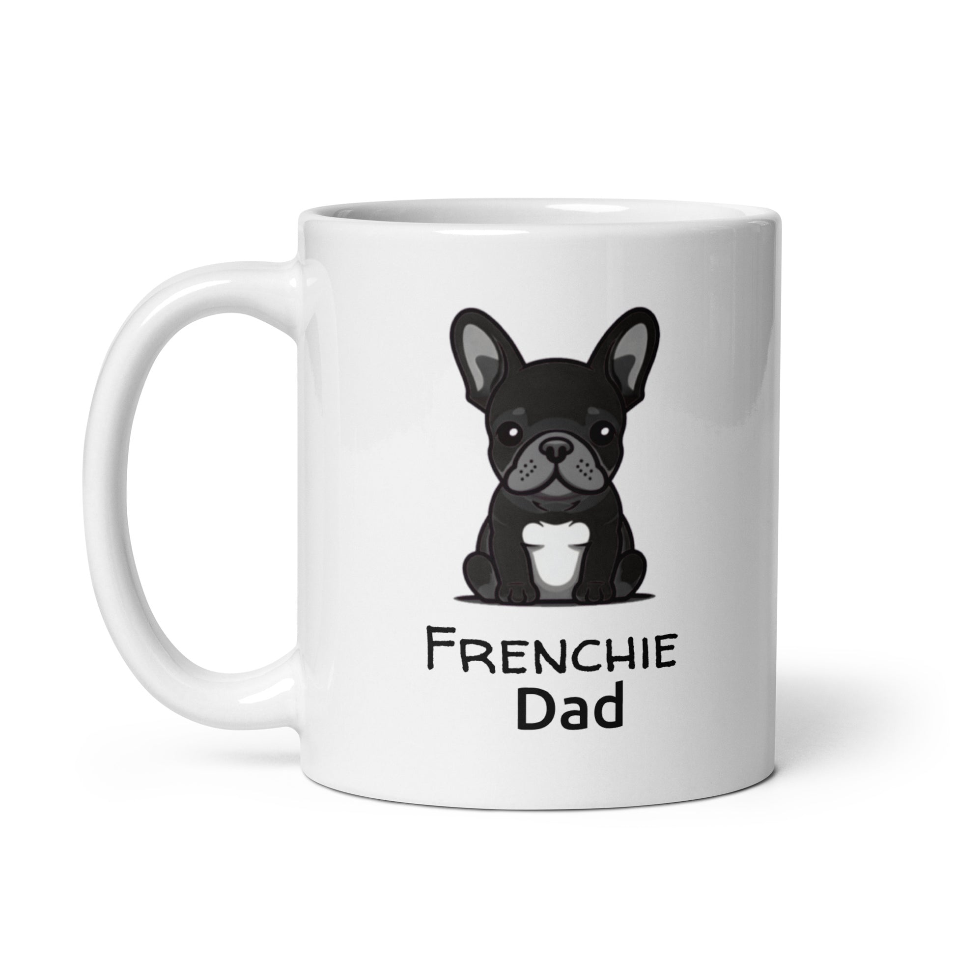 Mug en céramique blanche avec illustration de bouledogue français noir et texte "Frenchie Dad", parfait pour les papas de bouledogues.