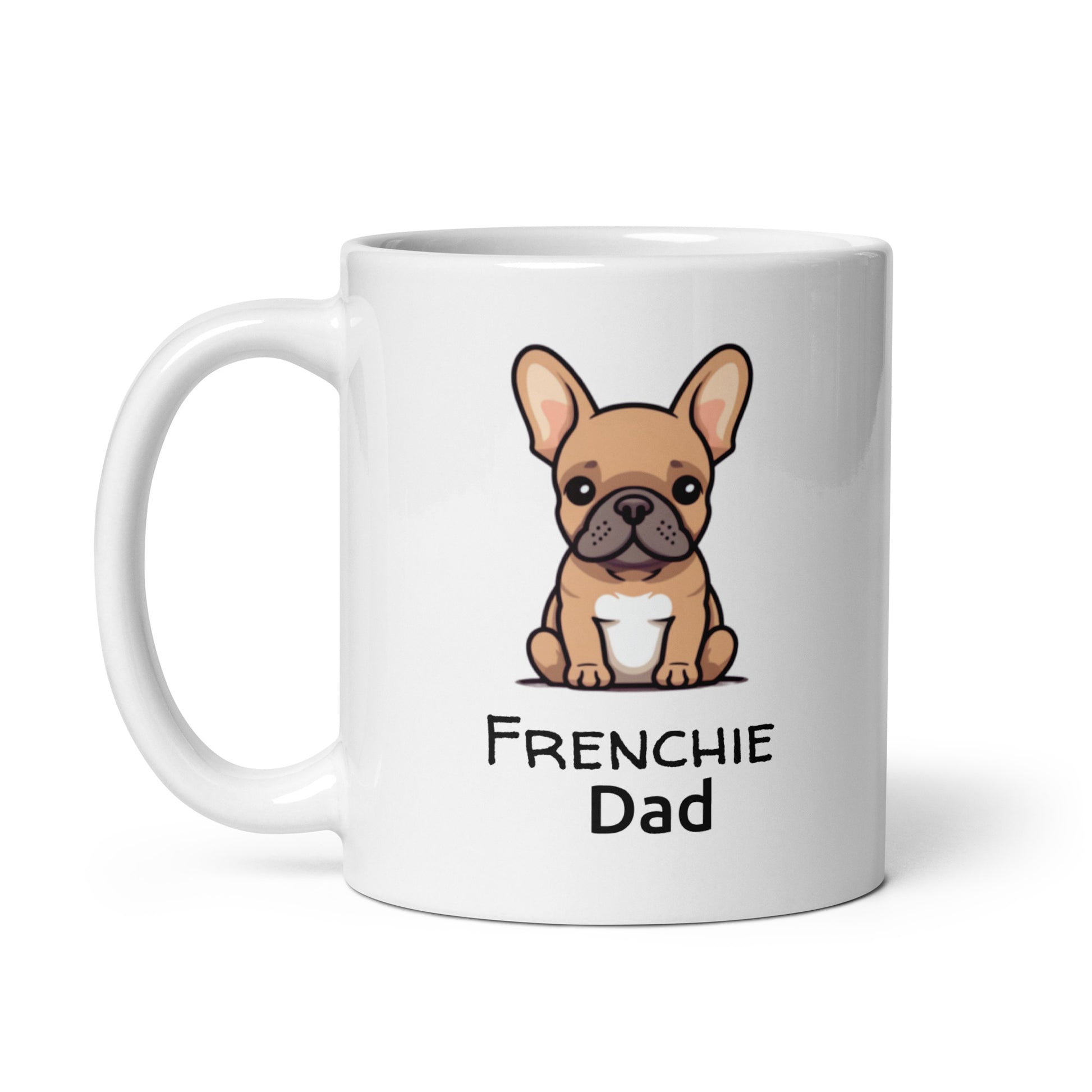 Mug en céramique blanche avec illustration de bouledogue français et texte "Frenchie Dad", parfait pour les amoureux de bouledogues.