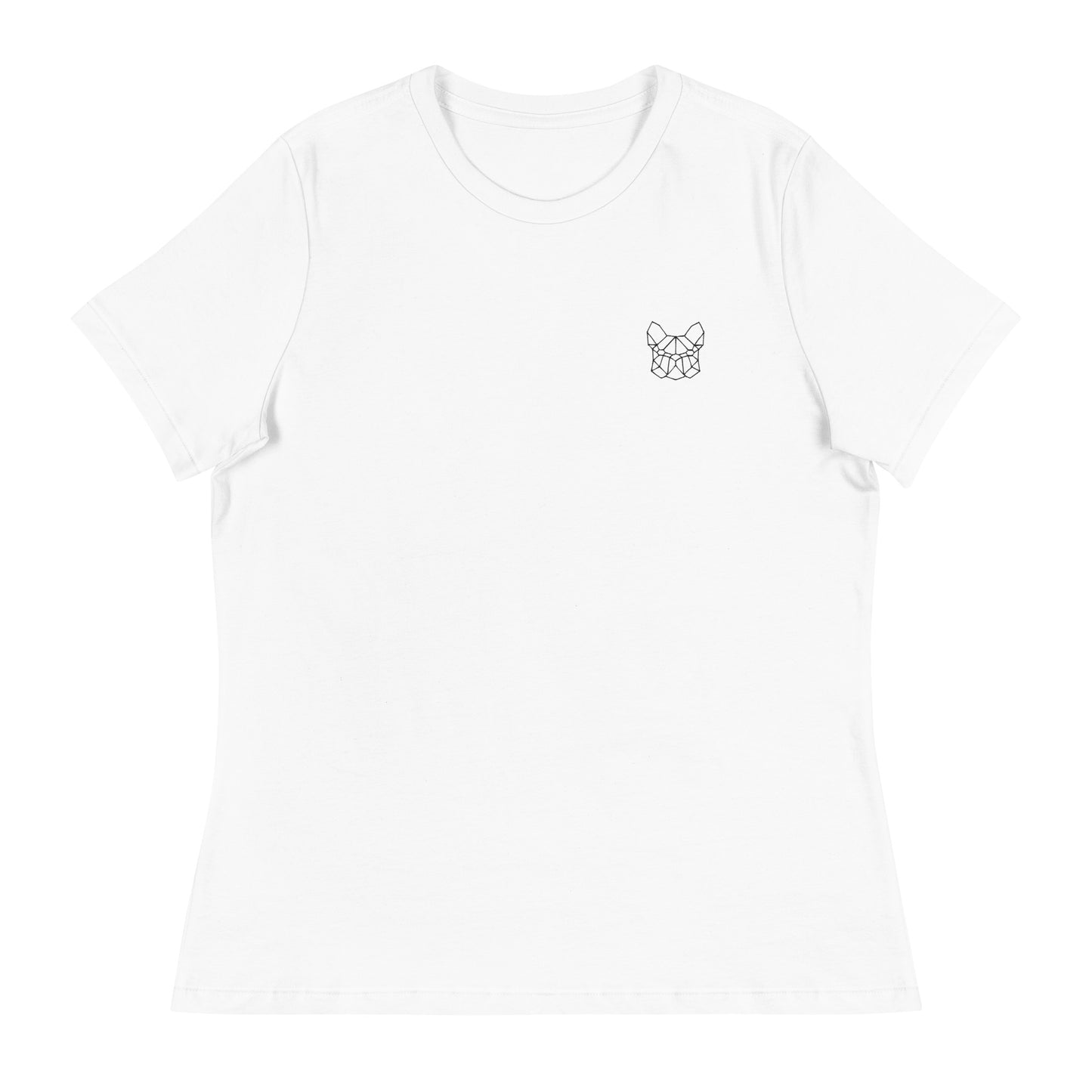 T-shirt en coton bio pour femme avec broderie de bouledogue français, design élégant et minimaliste, parfait pour les amoureuses de bouledogues.