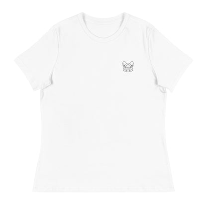 T-shirt en coton bio pour femme avec broderie de bouledogue français, design élégant et minimaliste, parfait pour les amoureuses de bouledogues.