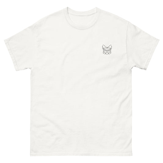 T-shirt en coton bio pour homme avec broderie de bouledogue français, design élégant et intemporel, idéal pour les amoureux de bouledogues.