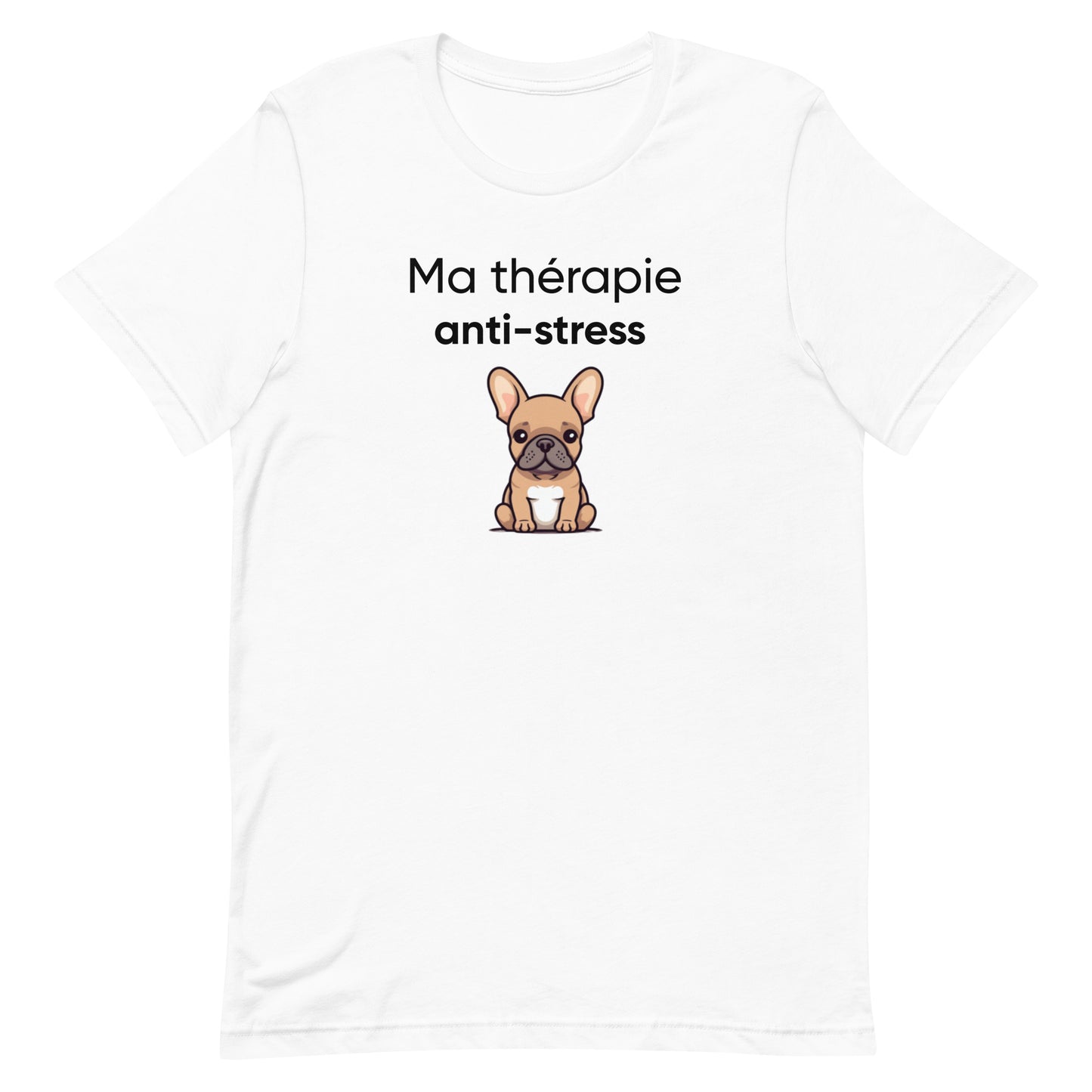 T-shirt blanc pour femme avec illustration de bouledogue français et texte "Thérapie Anti-Stress", parfait pour un look détendu et humoristique.