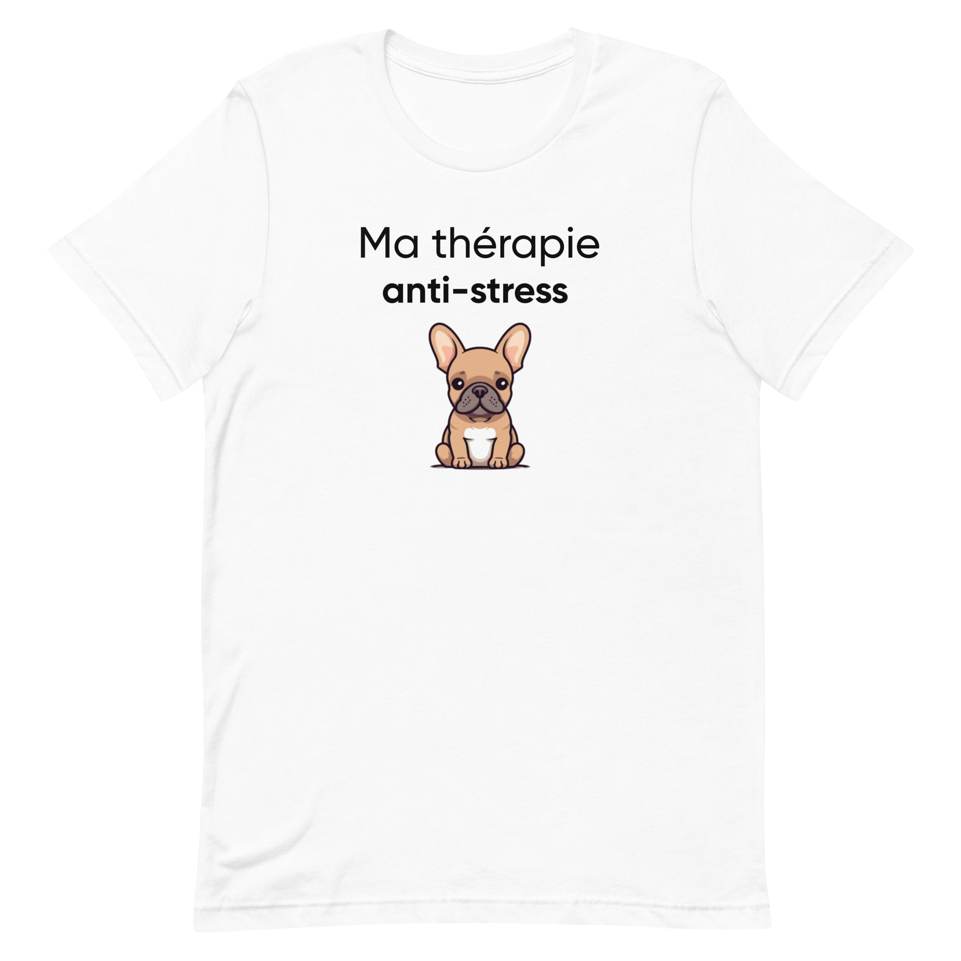 T-shirt blanc pour femme avec illustration de bouledogue français et texte "Thérapie Anti-Stress", parfait pour un look détendu et humoristique.