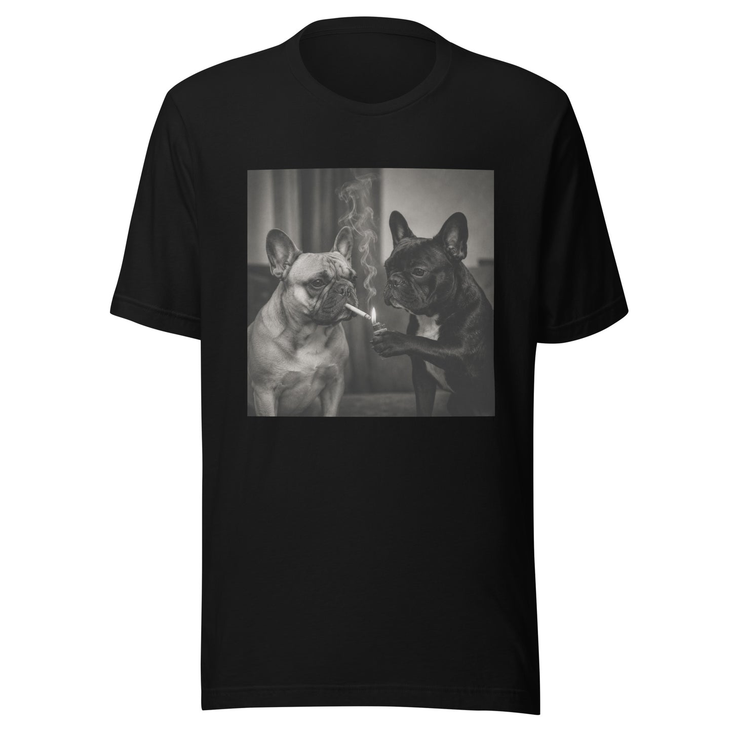 T-shirt noir bouledogue français, deux Frenchies en costume en photo noir et blanc vintage