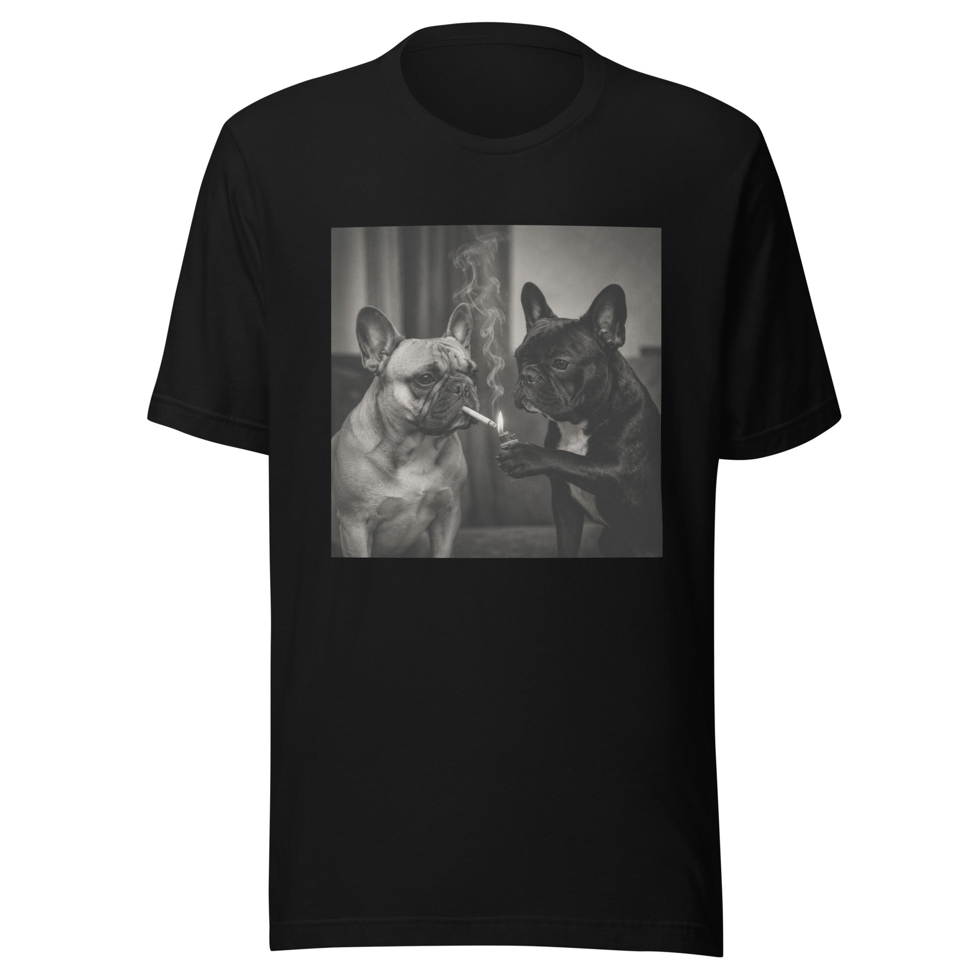 T-shirt noir bouledogue français, deux Frenchies en costume en photo noir et blanc vintage
