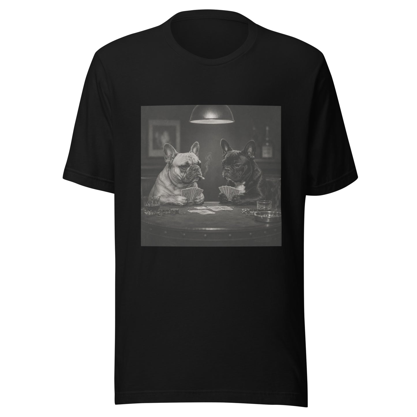 T-shirt noir bouledogue français, deux Frenchies jouant aux cartes en photo noir et blanc vintage